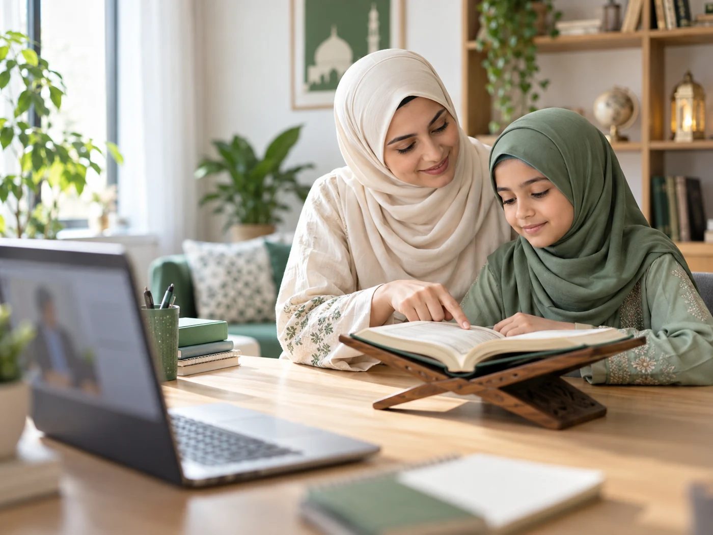 Illustrative image of a mother and daughter learning Quran together at home
